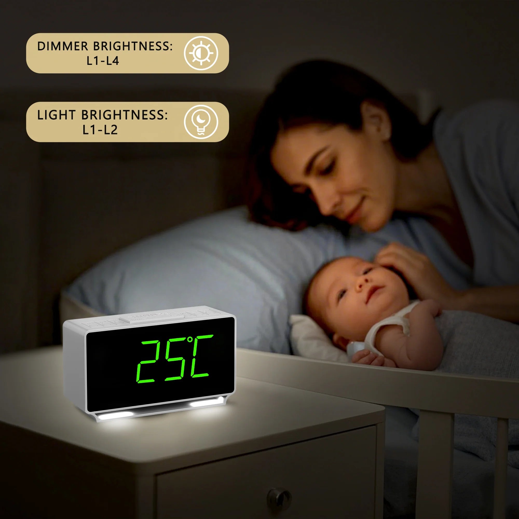 Digital Alarm Clock with Dual Alarms, 7-5-2 Mode, LED Display, USB & Battery Powered, Temperature Display (°C/°F), 4-Level Brightness & 2-Level Night Light Model 3301– White Digital Alarm Clock with Dual Alarms, 7-5-2 Mode, LED Display, USB & Battery Powered, Temperature Display (°C/°F), 4-Level Brightness & 2-Level Night Light Model 3301– White